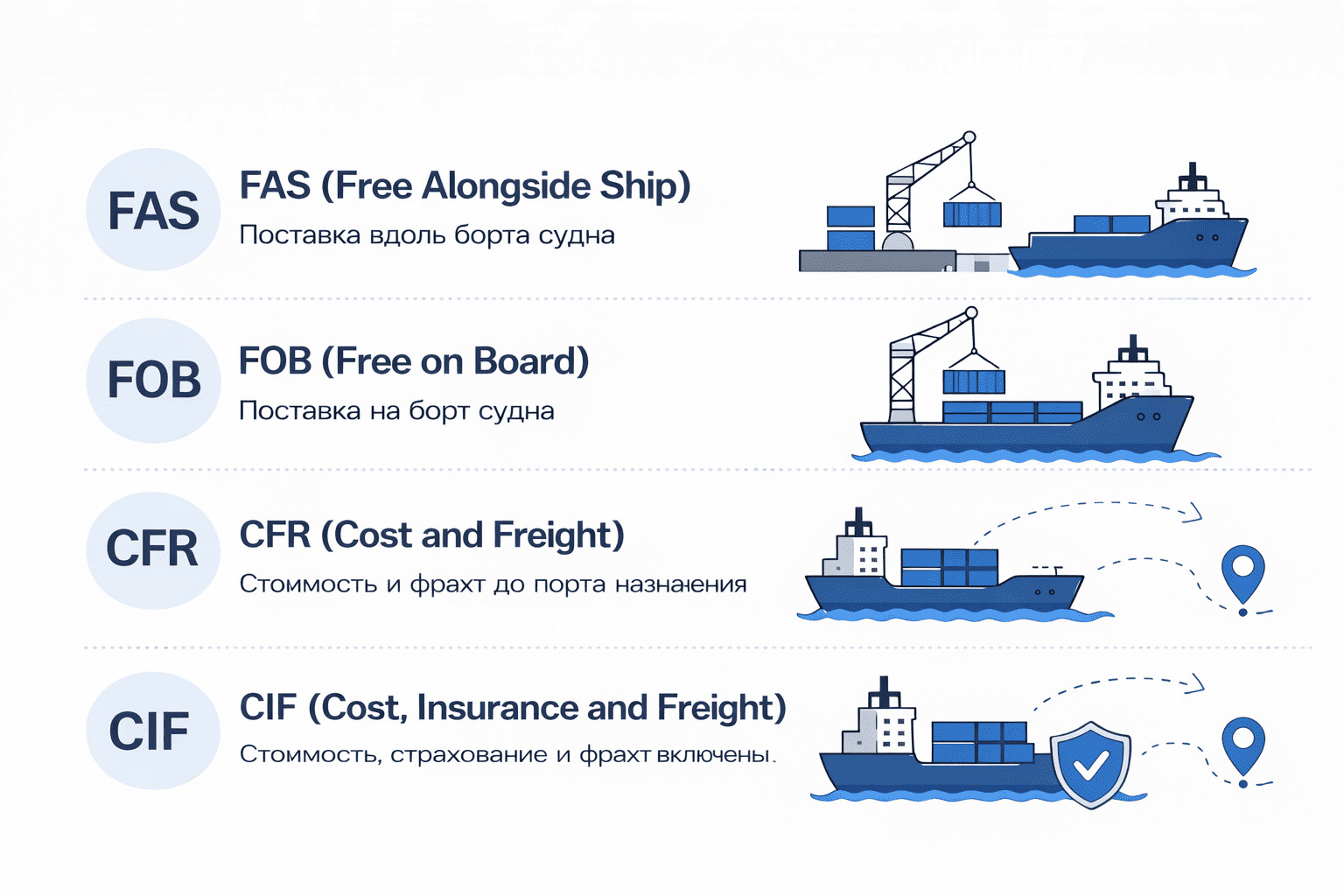 Схема Incoterms 2020 с основными условиями поставки, рисками и обязанностями сторон